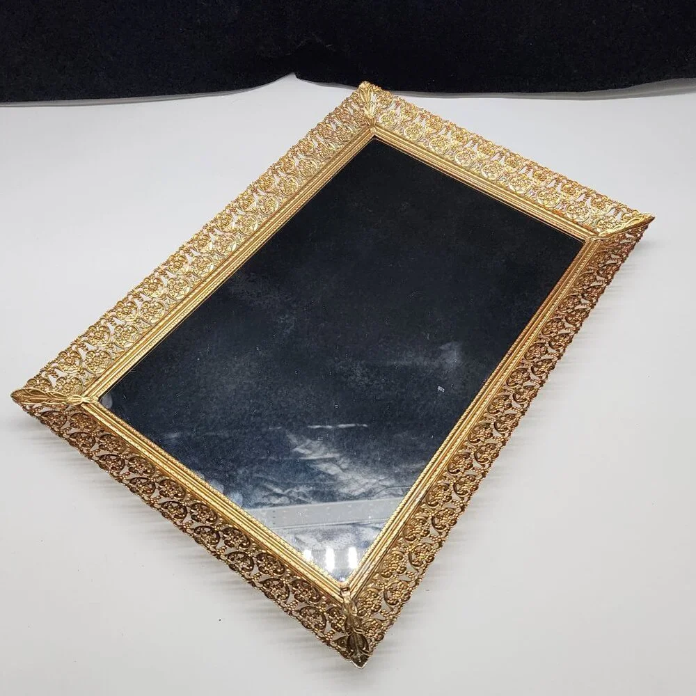 Gold Tone Filigree Mirrored Vanity Tray Wall Hanging Rectangle Hollywood Regency